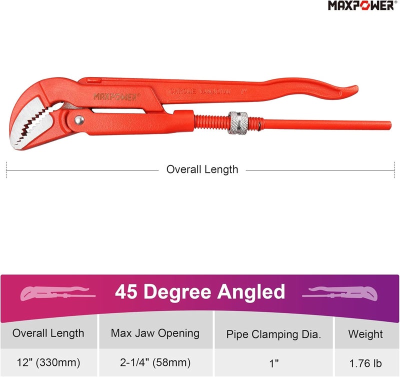 Max Power 12 inch Swedish Pipe Wrench, 45 Degree Angled Jaw - Image 3
